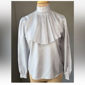Vintage Silver Metallic Puff Sleeve Fan Pussbow Collard Chic Blouse Top S